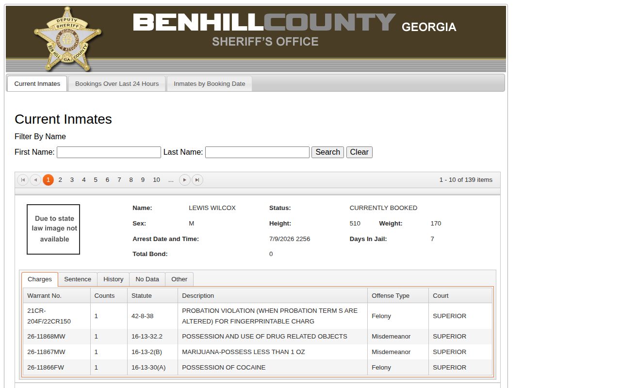 Ben Hill County 72-hour booking and previous inmate search