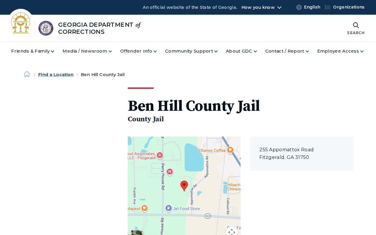 Georgia Department of Corrections listing for the current Ben Hill County Jail